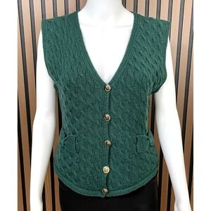 Cullinane Vest 100% Women's Wool‎ Cable Knit Sweater L Vest Bow Green Button